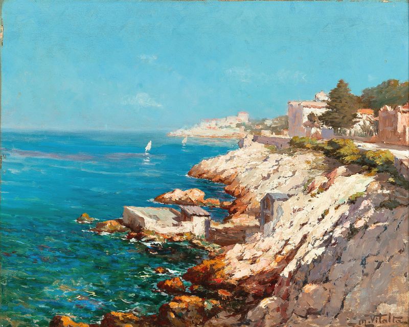 A Mediterranean Coast óleo de Michel Vilalta con olas y luz solar en la orilla.