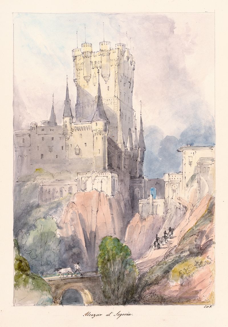 Alcázar de Segovia de Charles Hamilton Smith, óleo que representa una majestuosa fortaleza con torres.