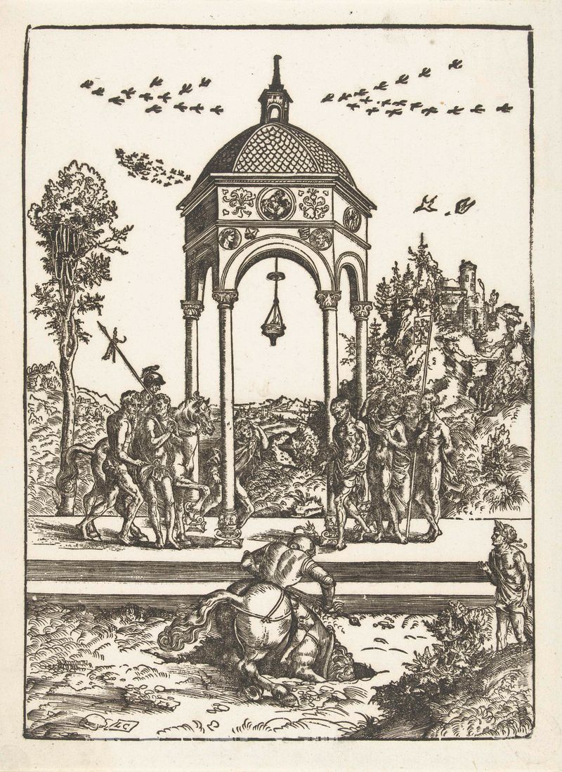 Marcus Curtius offerdood, grabado de Lucas Cranach, que representa a una figura heroica saltando a un abismo.