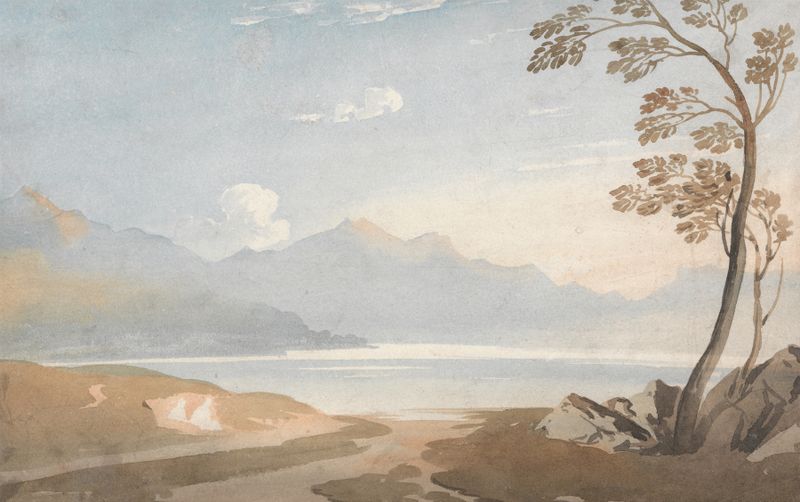Acuarela de paisaje galés de John Varley con colinas onduladas y un cielo sereno.