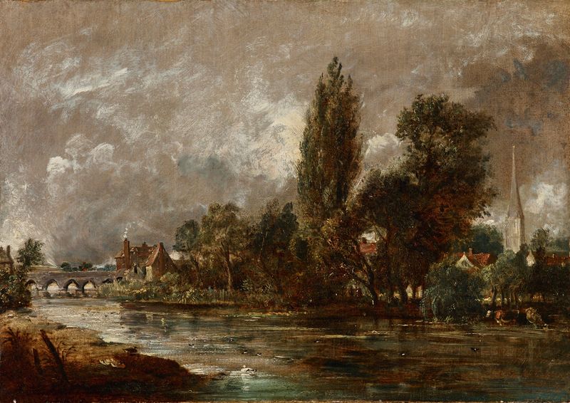 Harnham Bridge, Salisbury de John Constable, óleo que muestra un puente sobre un río bajo un cielo tranquilo.