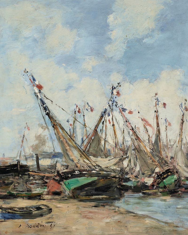 Escena marina con veleros varados de Eugène Boudin, pintura al óleo