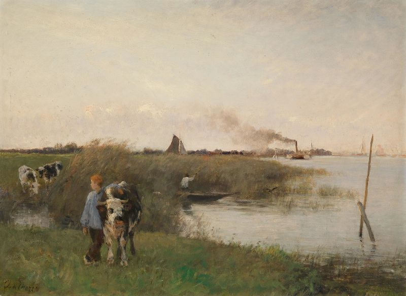 Idyllische Flusslandschaft by Otto von Thoren, oil on canvas depicting a serene river landscape.