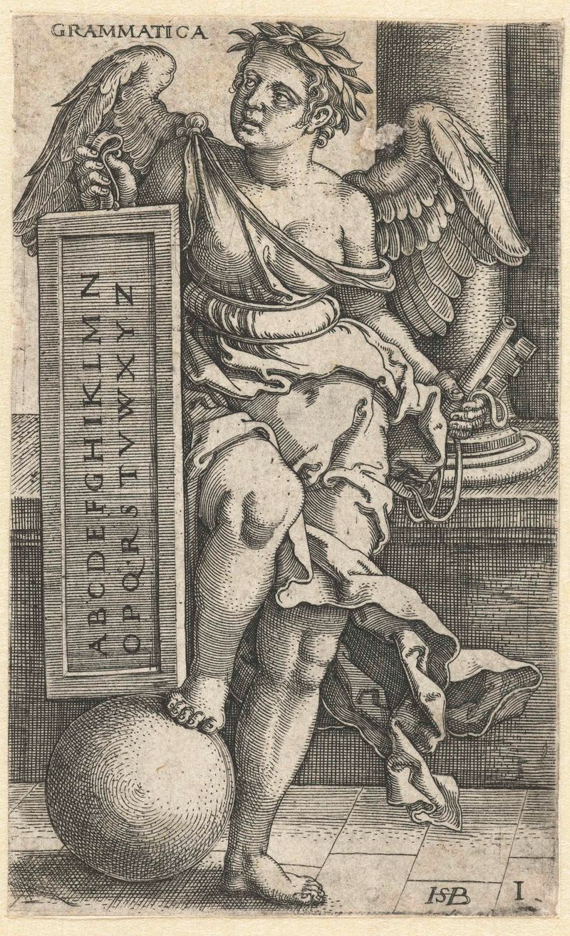 Gravura de Hans Sebald Beham retratando uma mulher escrevendo em uma mesa.