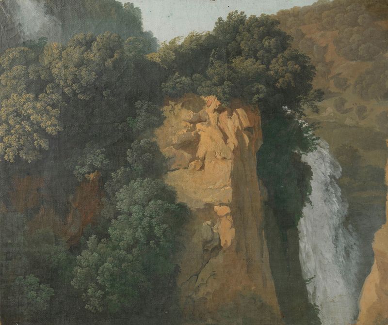 Overgrown cliffs with a waterfall in Italy, oil painting by Hendrik Voogd