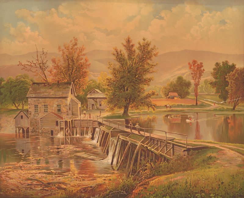 Lithograph by Krebs Lith. Co depicting tranquil waters and rolling hills