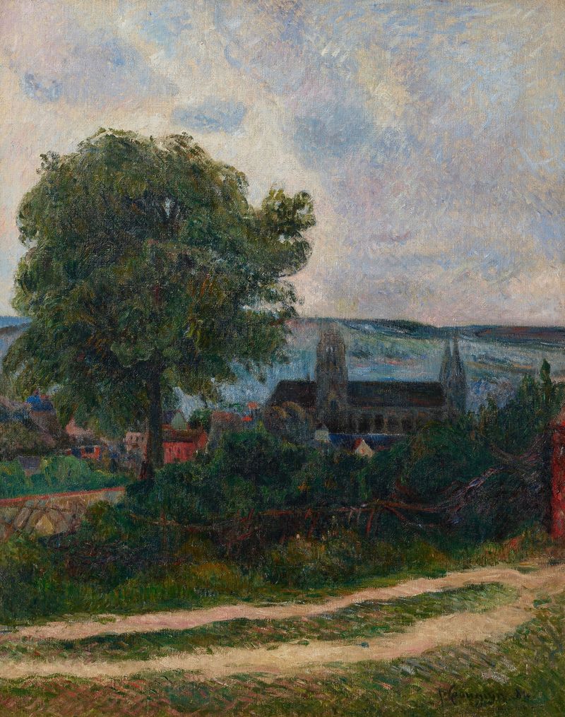 Rouen, L’église Saint-Ouen de Paul Gauguin, óleo sobre lienzo que representa una iglesia gótica con colores vibrantes.
