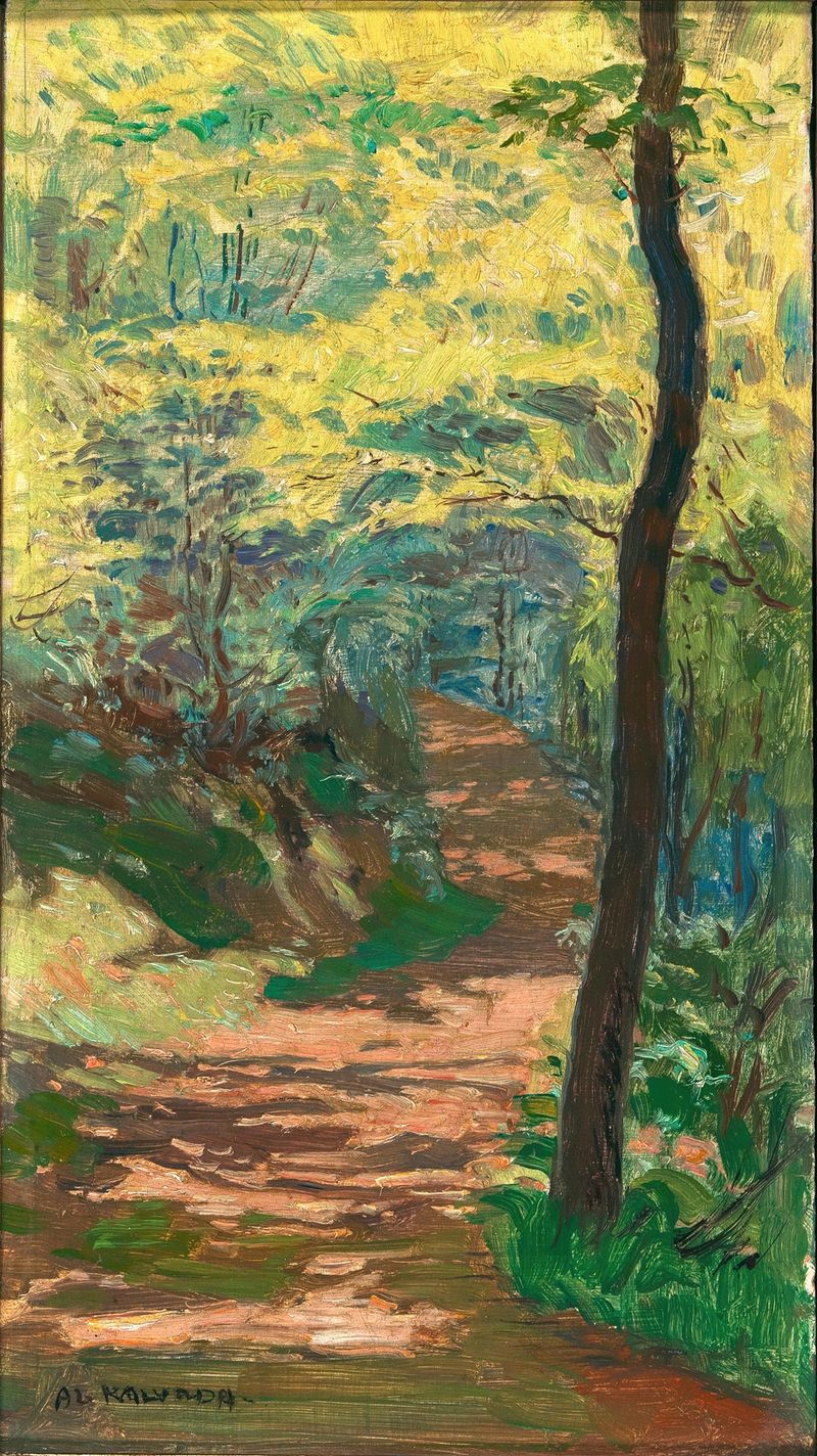 A Forest Path near Krivolat, oil on canvas by Alois Kalvoda, depicting a tranquil forest scene.