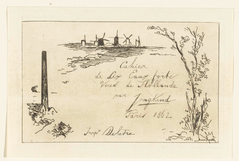 Gravura de Johan Barthold Jongkind representando uma paisagem holandesa com colinas suaves.