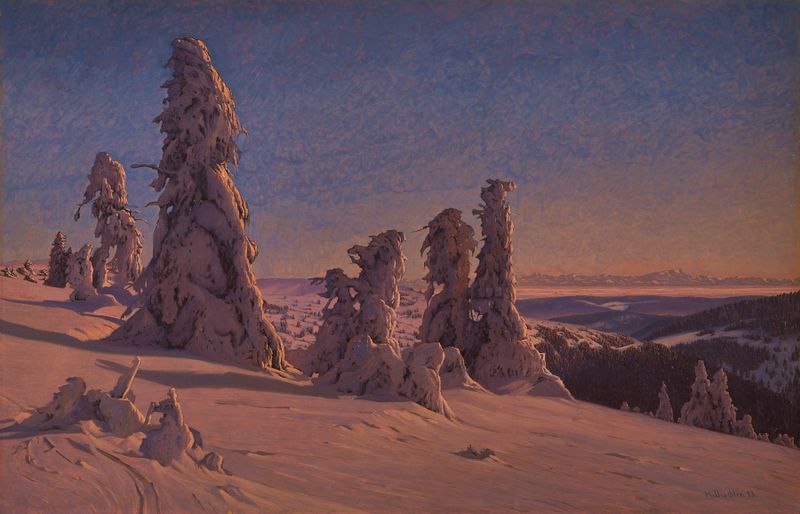 Frozen Fir Trees on the Feldberg by Hermann Dischler, oil on canvas depicting winter landscape with fir trees and snow.