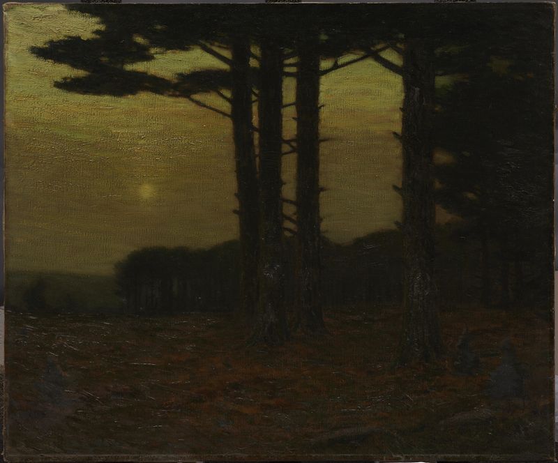 The Sentinels by Charles Warren Eaton, oil painting depicting trees by a tranquil lake at twilight.