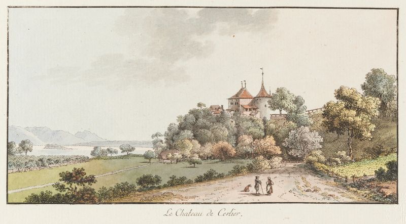 Le Chateau de Cerlier gravura de Johann Ludwig Aberli, retratando um chateau em uma paisagem tranquila.