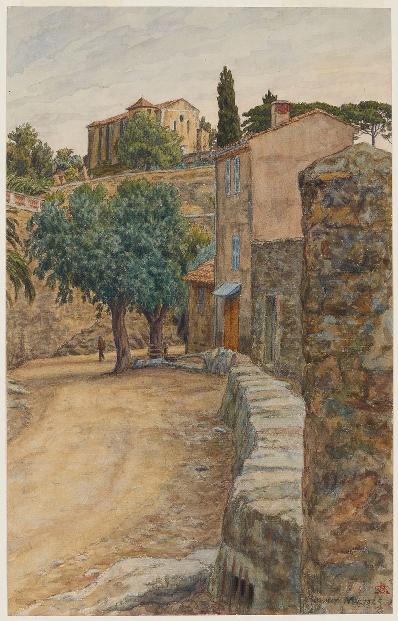 Rue à Bormes, acuarela sobre papel de Henri Rivière que representa un sereno camino de pueblo.