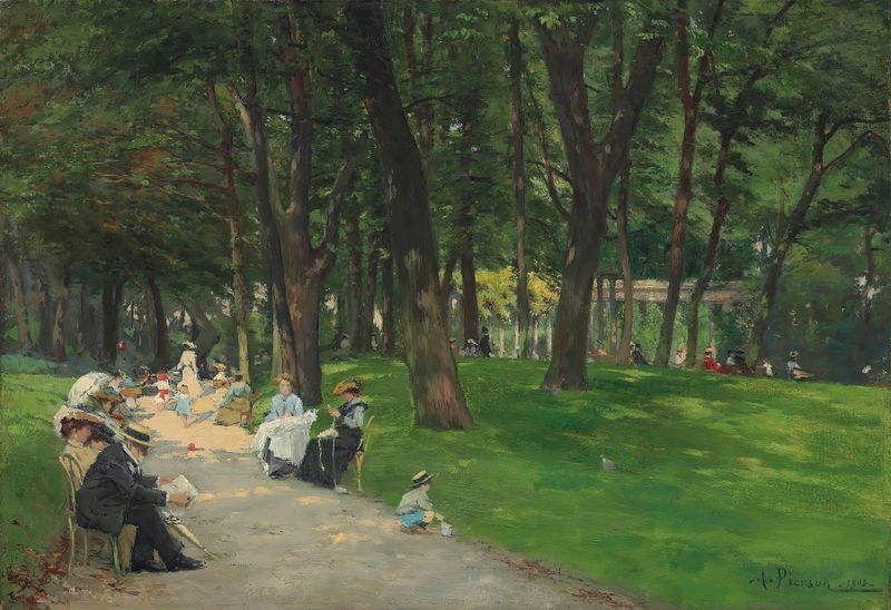 Bois De Boulogne, Paris by Albert Leopold Pierson, oil painting depicting a serene lake and trees.