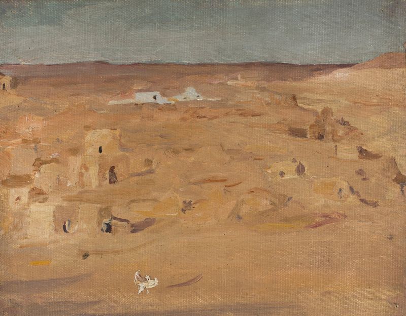 Graveyard in the Desert, pintura a óleo de Jan Ciągliński, retratando uma paisagem desolada com ossos queimados pelo sol.