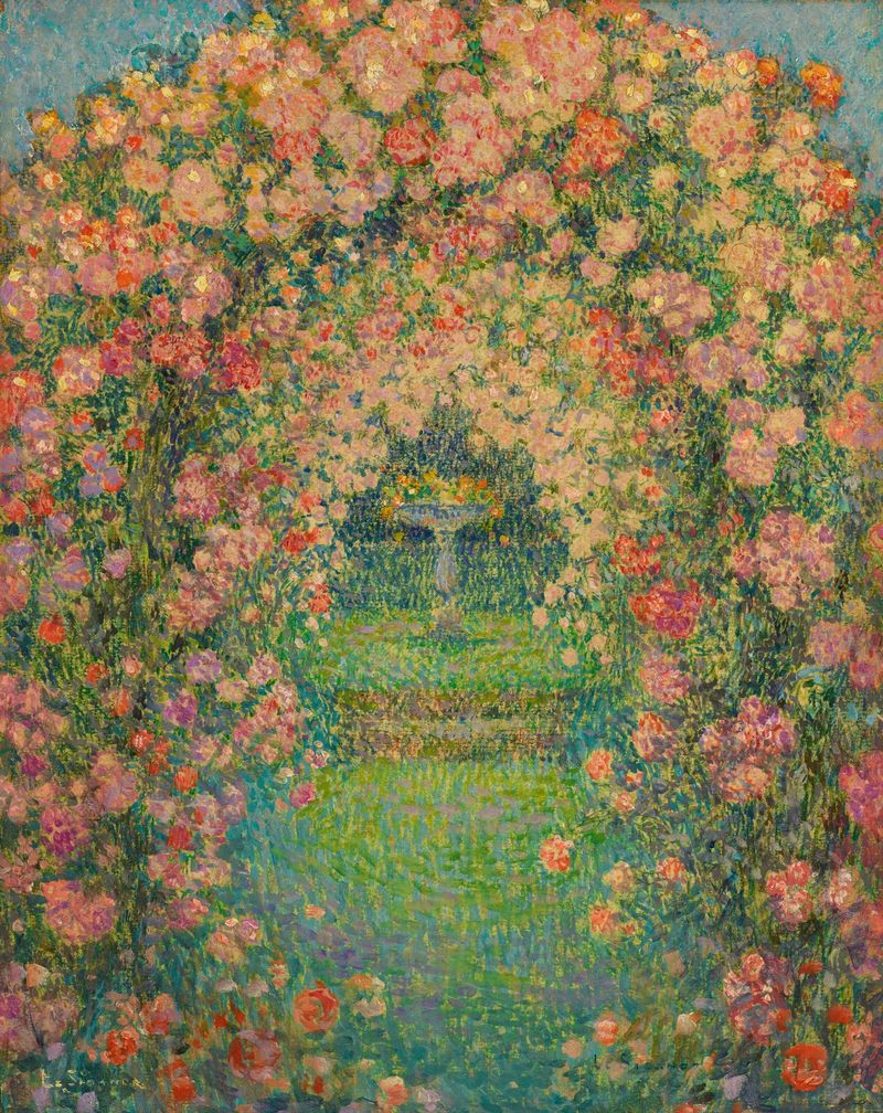 La Roseraie, Gerberoy by Henri Le Sidaner, oil on canvas depicting a garden with vibrant roses