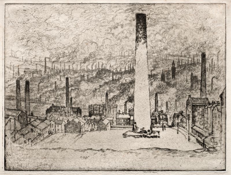 The Great Chimney, Bradford de Joseph Pennell, obra de realismo, que muestra una gran chimenea en un paisaje industrial