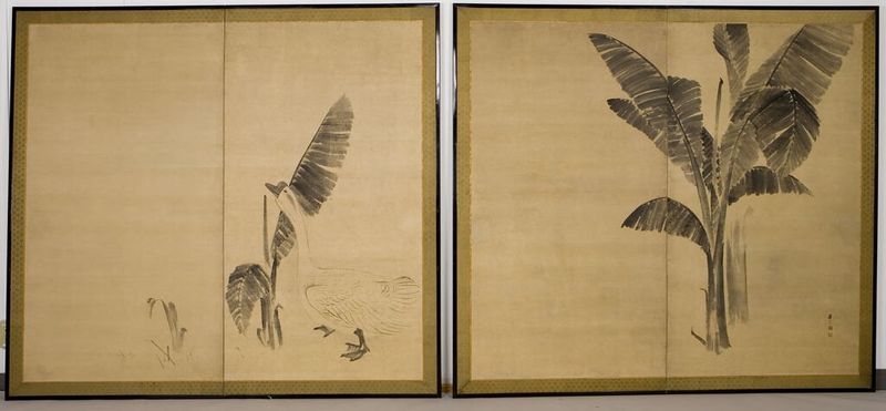 Banana leaves and geese on folding screens, ink on paper by Maruyama Ōkyo