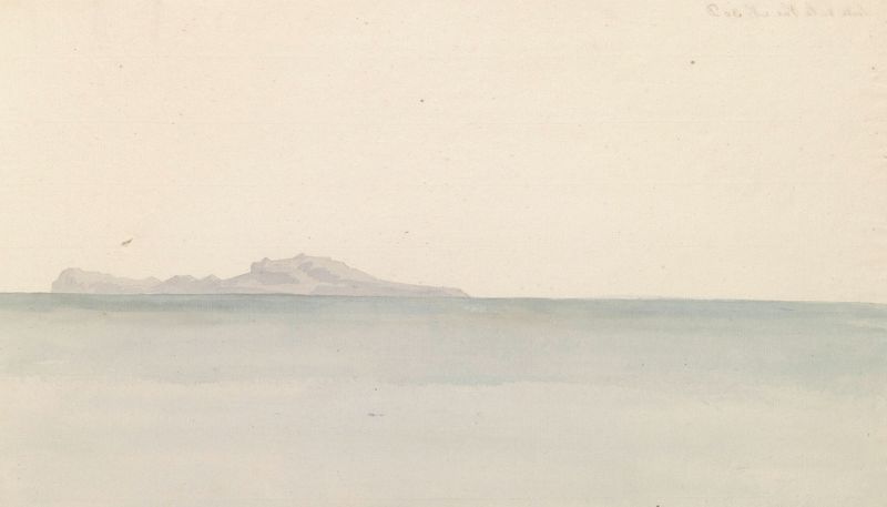Watercolor by Abraham-Louis-Rodolphe Ducros depicting the Gulf of Naples with hills and shoreline.