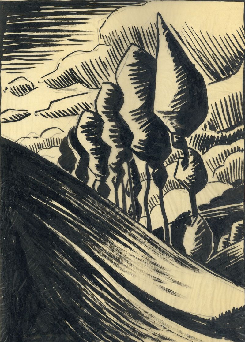 Surreal landscape in ink on paper by Albert Daenens