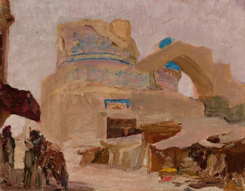 Samarkand – Bibi-Khanym de Jan Ciągliński, óleo sobre lienzo, que representa una cúpula vibrante y patrones intrincados