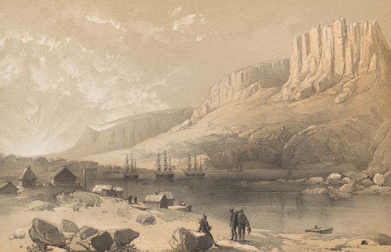 Marine scene with ships and icebergs, oil painting by Walter William May, 1855