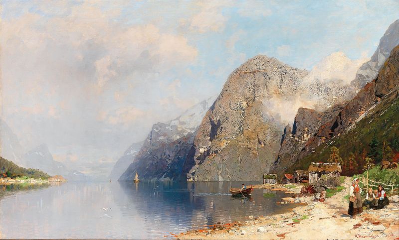 Fjord landscape by Georg Anton Rasmussen, oil on canvas, featuring water reflections and serene nature.
