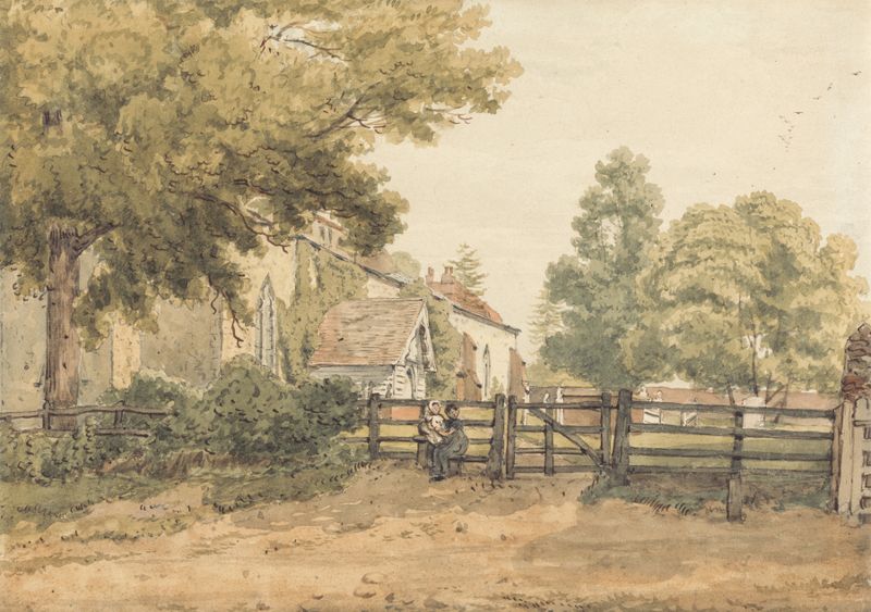 Aldenham Church by William Henry Hunt, oil painting, featuring a church at dawn surrounded by trees.