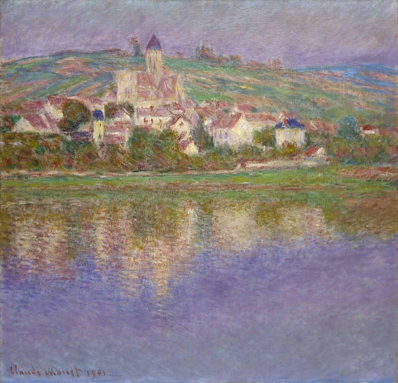 Vétheuil de Claude Monet, óleo sobre lienzo que representa un paisaje de río tranquilo