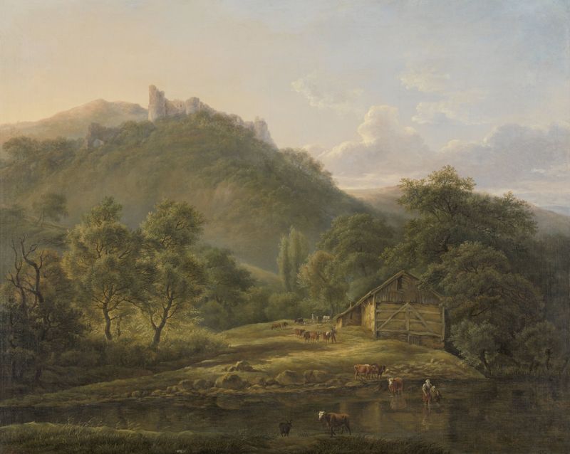 On the Sambre River de Edouard Delvaux, pintura al óleo que muestra un paisaje sereno con agua y árboles.