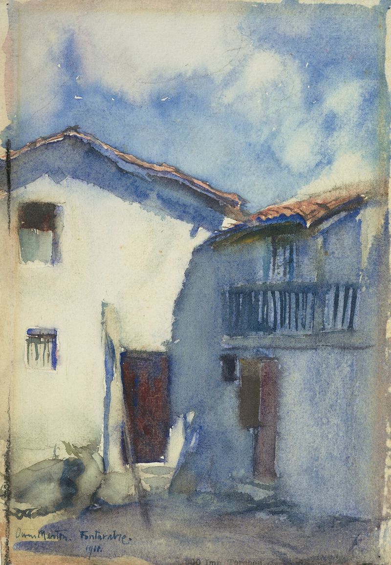 Fontarabia de Owen Merton, uma paisagem impressionista em óleo com luz suave e colinas distantes.