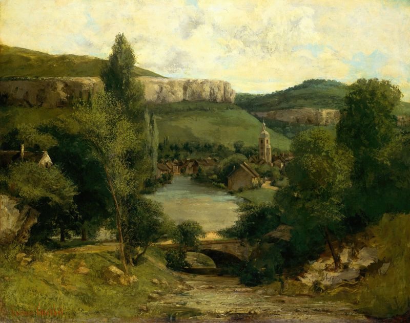 View of Ornans de Gustave Courbet, pintura al óleo que muestra un pueblo entre árboles y colinas.