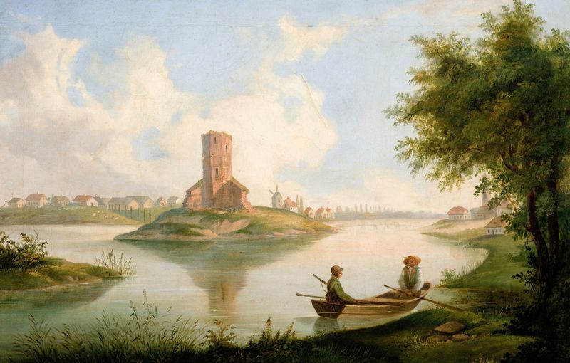 Vista de paisaje con árboles y río de Władysław Heliodor Gumiński, pintura al óleo
