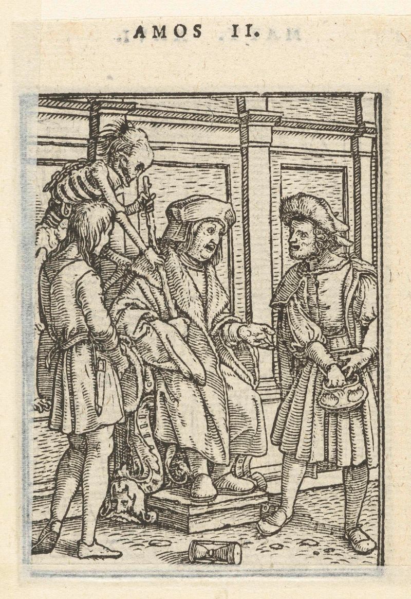 Rechter en de Dood by Hans Holbein, 1538, paper, featuring a judge in rich robes and themes of mortality.