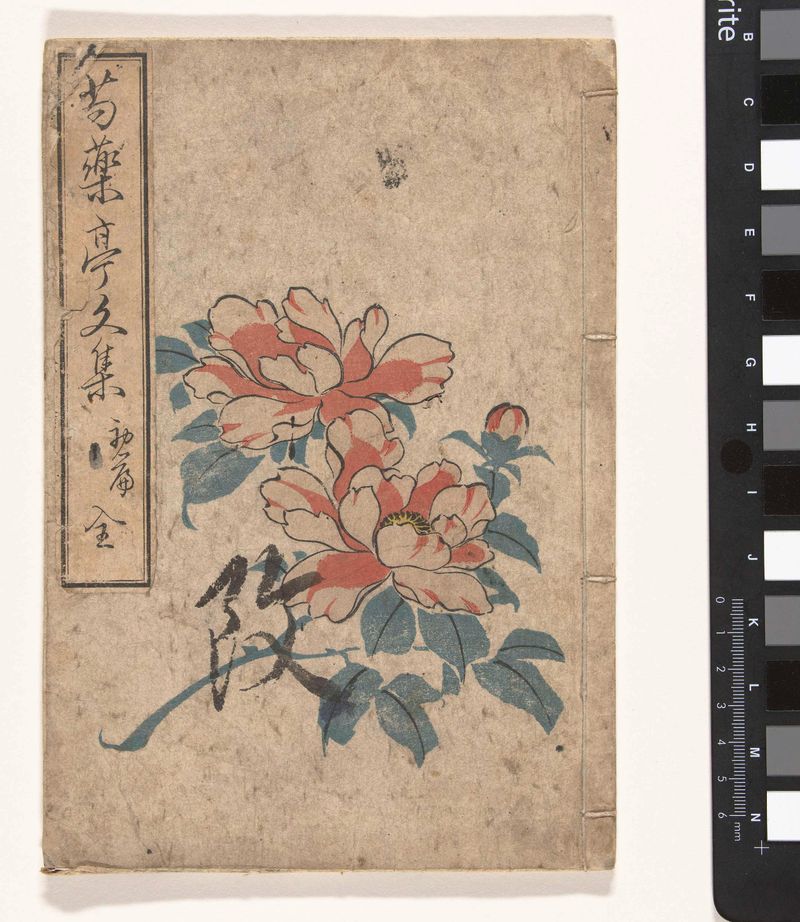 Peonías en medio de madera de Utagawa, mostrando flores vibrantes contra un fondo tenue.