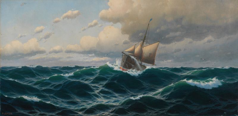 Marine scene with a ship on the sea, oil painting by Max Jensen