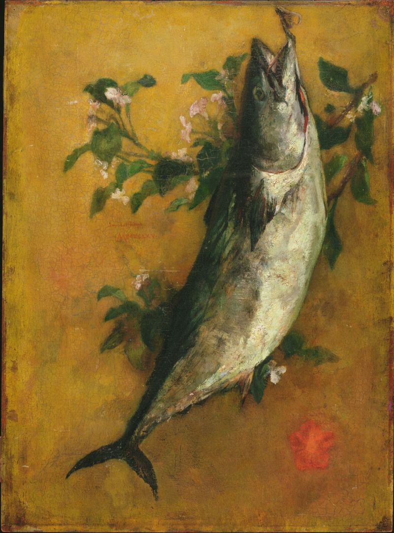 Decorative panel of colorful fish in wood by John La Farge