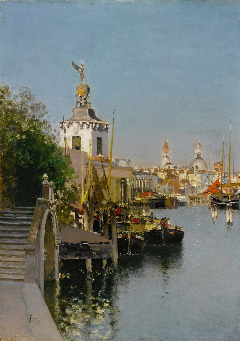 Canal, Venice by Martin Rico y Ortega, oil painting depicting a tranquil canal scene with morning light.