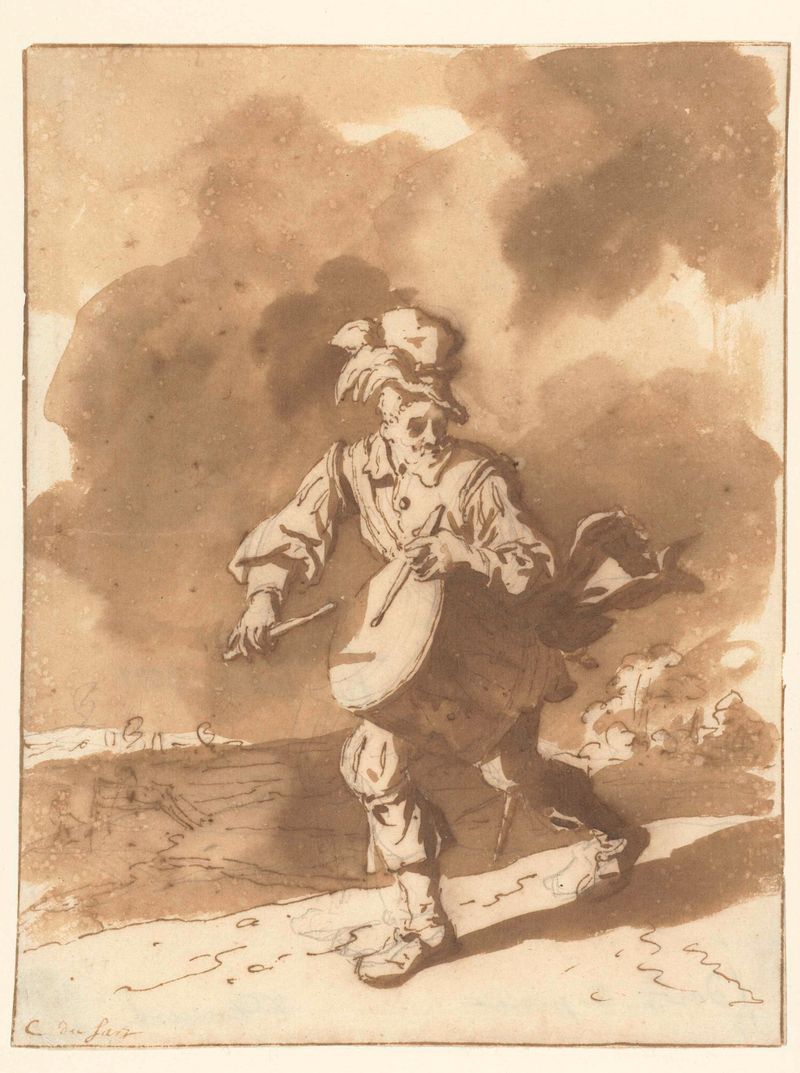 O Tamborilheiro, óleo sobre tela de Cornelis Dusart, retratando um vendedor de rua.