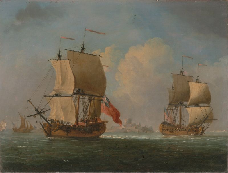 An English sloop and a frigate in a light breeze, oil on canvas by Francis Swaine