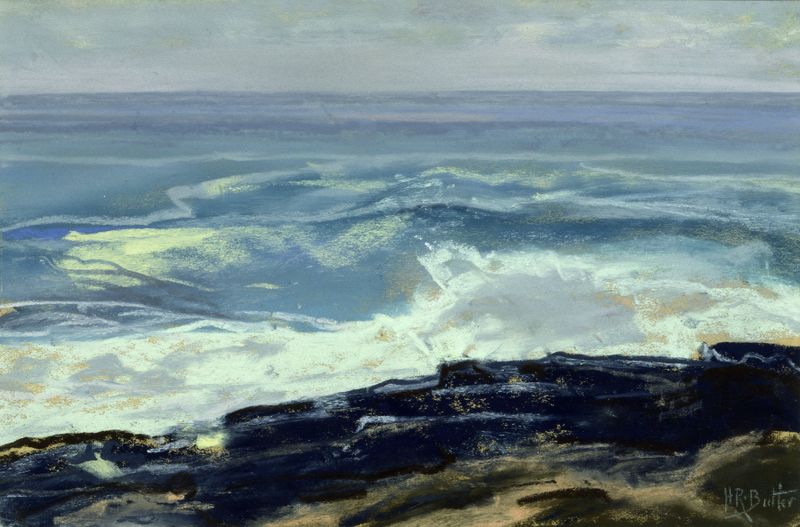 Maine Coast oil painting by Howard Russell Butler depicting a stormy sea and horizon.