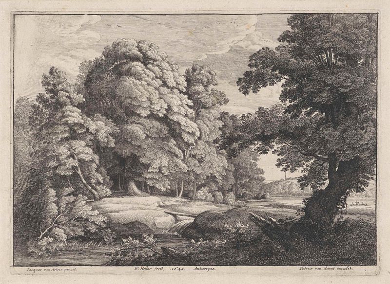 Paisaje con un puente sobre un río que fluye, grabado de Wenceslaus Hollar