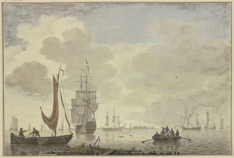 Cena marinha com um barco a remo e cinco figuras de Cornelis de Grient, pintura a óleo