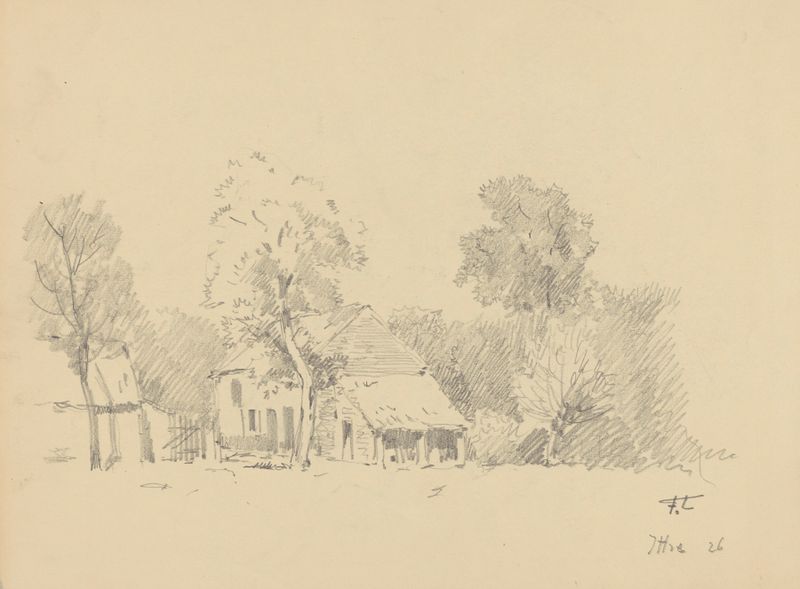 Fermette à Ittre by Jean-François Taelemans, oil on canvas depicting a farmhouse in golden light.