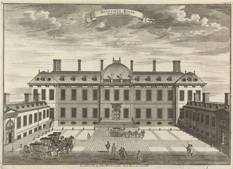 Montague House engraving by Sutton Nicholls featuring elegant columns and a pastel sky.