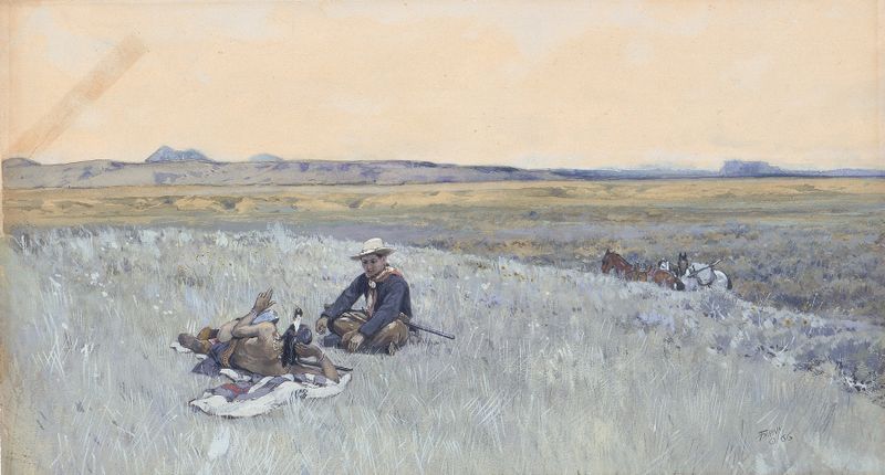 Genre scene of two figures by the fire, warm palette, oil painting by Henry Farny