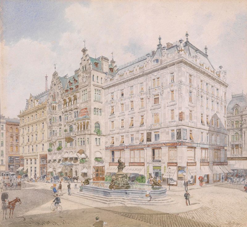 Fuente en un paisaje de Robert Raschka, 1907, pintura al óleo