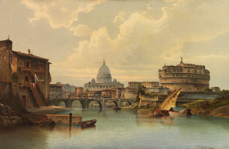 Paisaje de Roma con la Basílica de San Pedro y el Castel Sant'Angelo, pintura al óleo de Karl Kaufmann