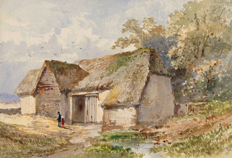 Old Farm de Edwin Toovey, óleo sobre lienzo que representa un paisaje rural tranquilo
