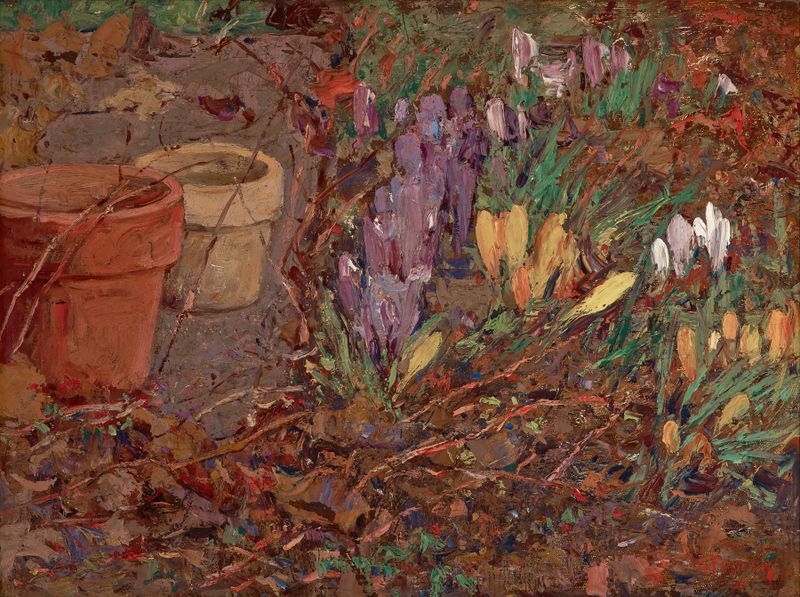 Crocuses oil painting by William J. Forsyth, featuring vibrant spring flowers.